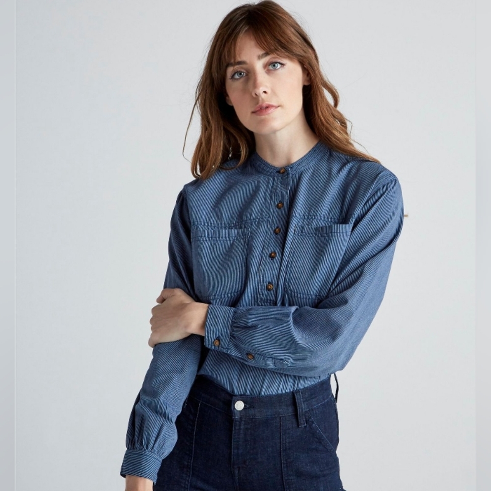 Lucky Brand Edie Striped Popover Top Blue White Pinstripe Size M NWT - Picture 1 of 14